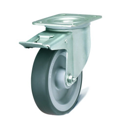 Swivel wheel in non-marking rubber with brake diameter 125 mm