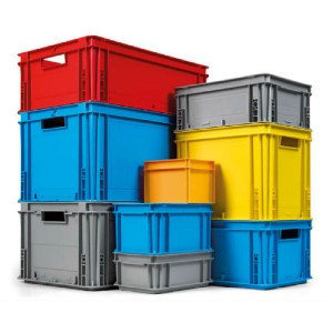Stacked plastic storage bins