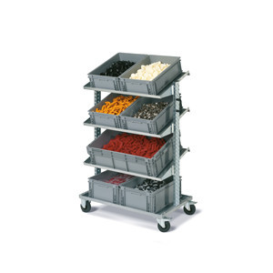 Small parts trolley with plastic boxes